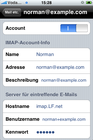 Mailaccount Settings, obere Haelfte